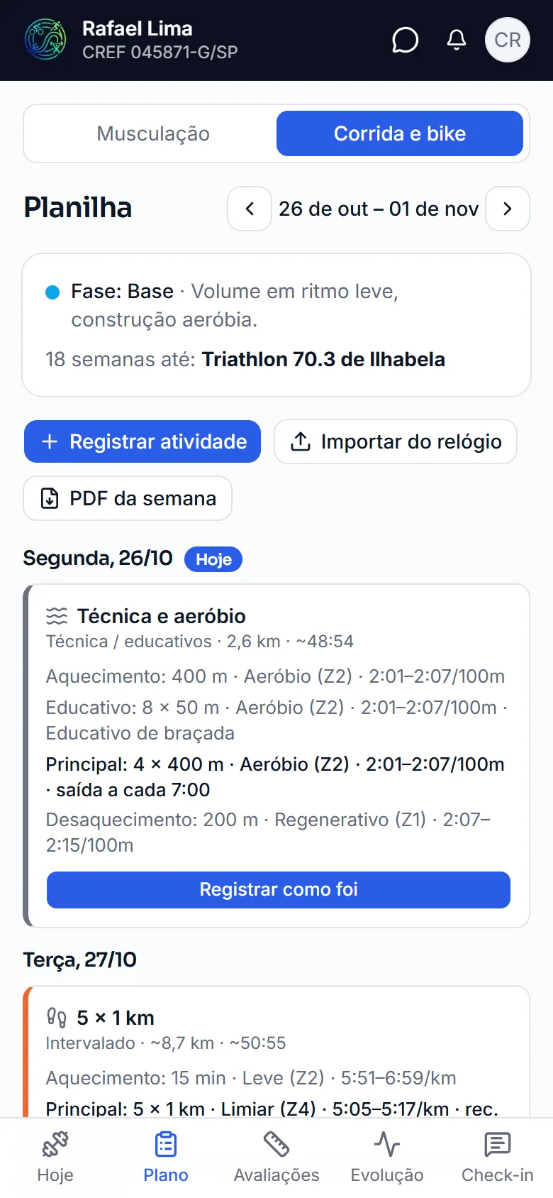 Semana de triathlon no app da aluna