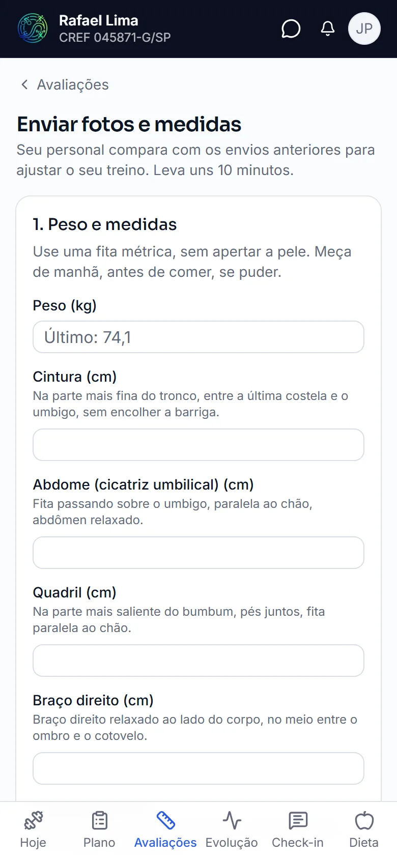 Envio da avaliação online pelo aluno com medidas e fotos