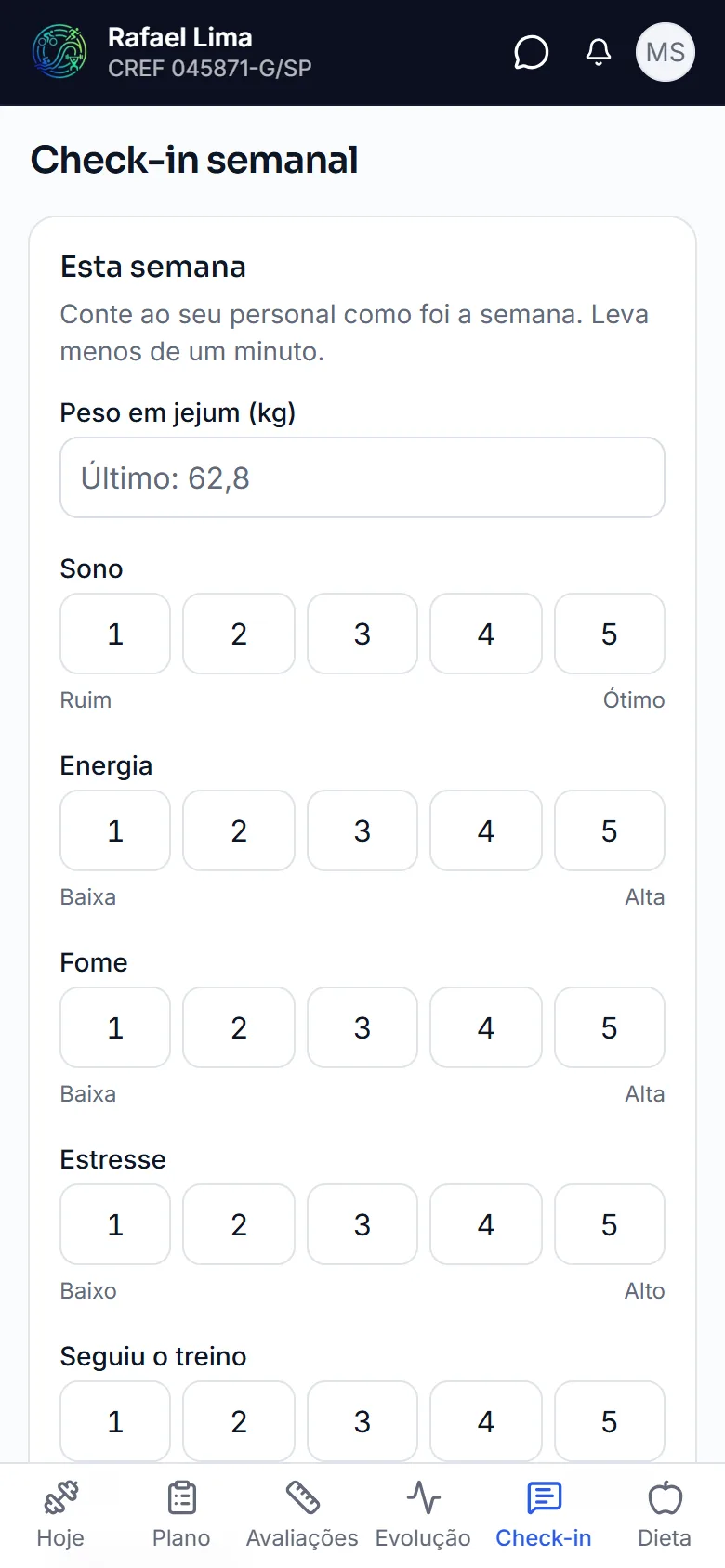 Check-in da semana no app do aluno