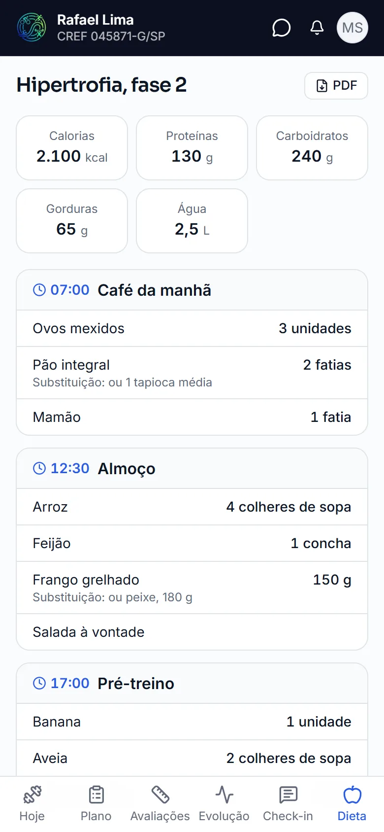 Orientação alimentar com refeições e substituições