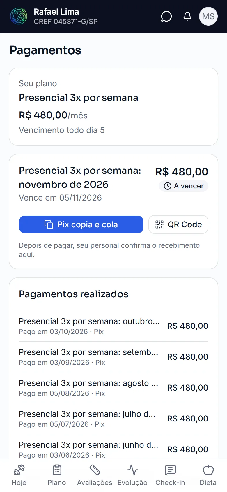 Mensalidades no app do aluno com pagamento por Pix