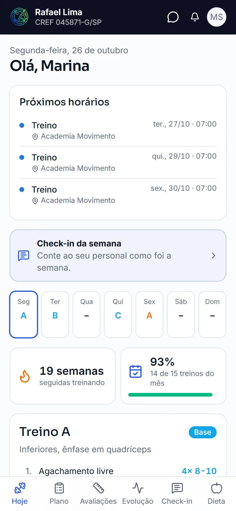 Início do aluno com próximos horários, semana de treinos e o treino do dia