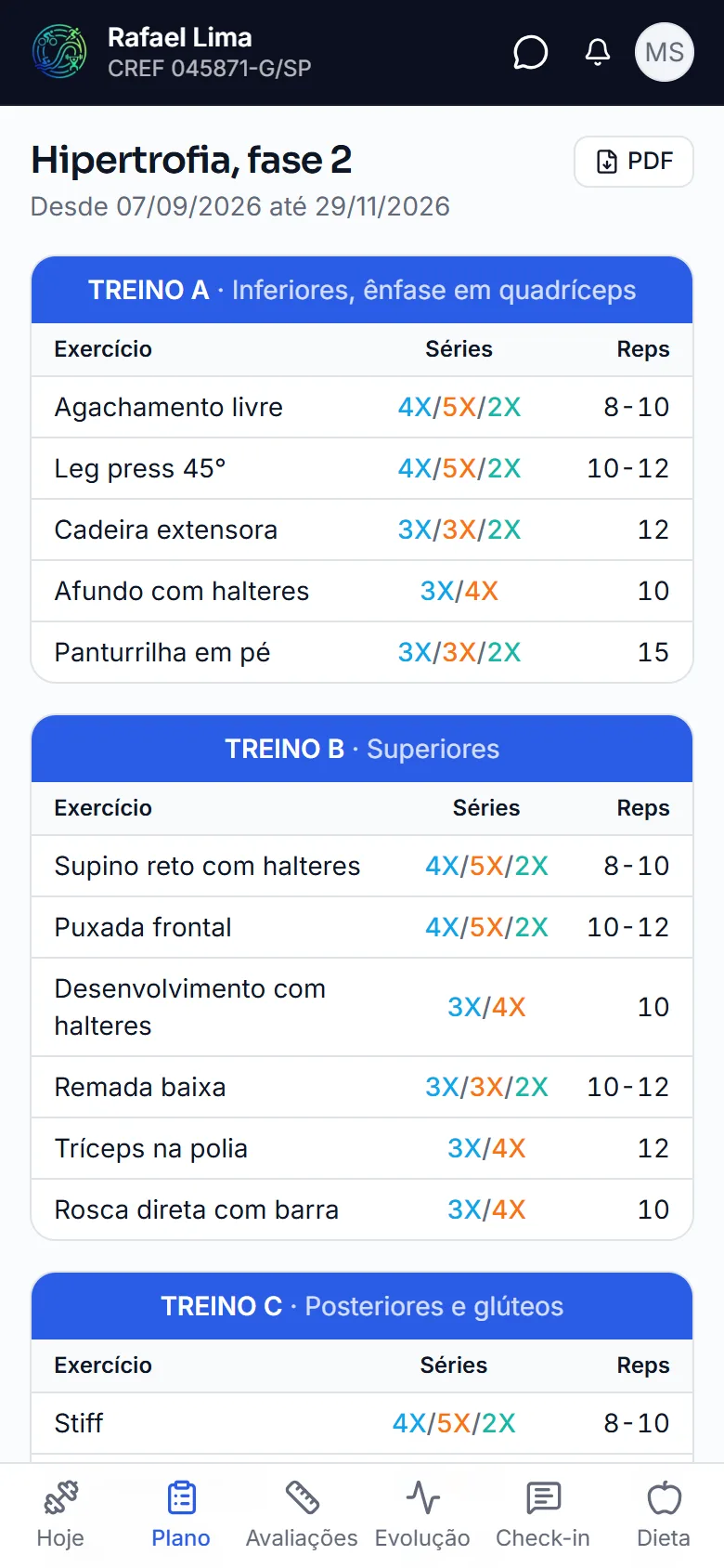 Plano do aluno com as fichas e o andamento das sessões