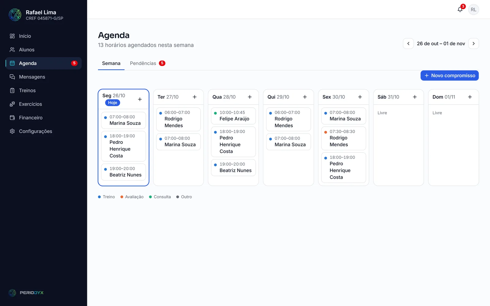 Agenda da semana com os horários de cada aluno
